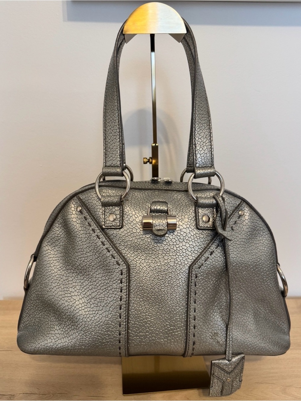 YSL Yves Saint Laurent Muse Sac Large Silver Metallic Leather Bag 2009 Authentic